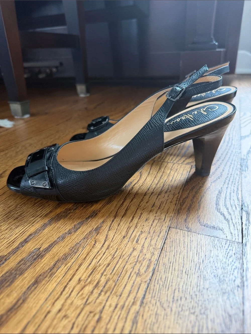 Cole Haan (w/Nike Air) Black Slingback Peep-Toe Heels with Buckle Accent